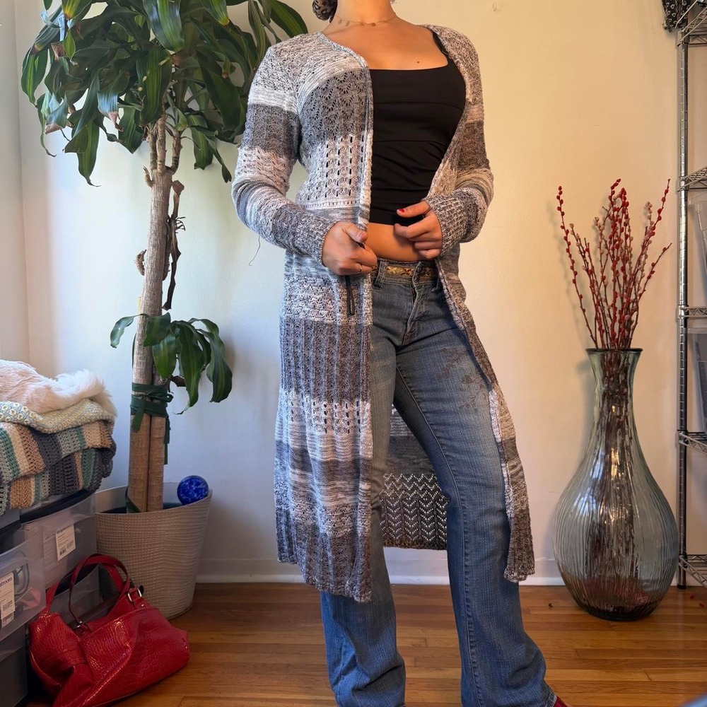 Mossimo Grey Striped Crochet Duster Cardigan Long Open Knit Y2K Boho XXL